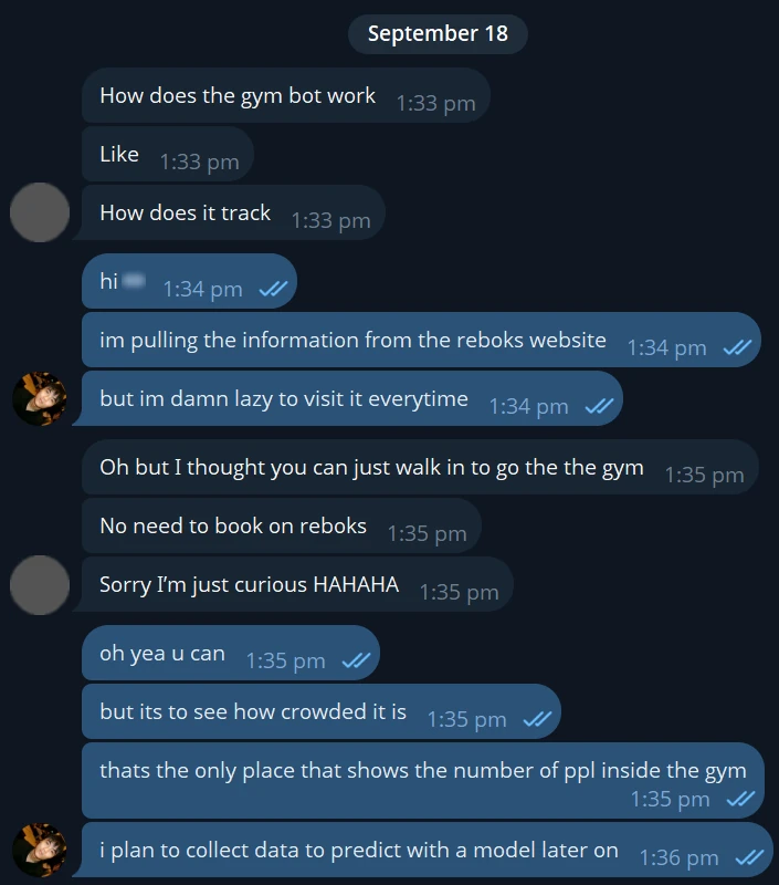 A Telegram chat. A friend asks how the gym bot tracks the gyms. I reply that it pulls the numbers from the REBOKS website, because that's the only place that shows how many people are inside, and that I plan to collect data to predict with a model later